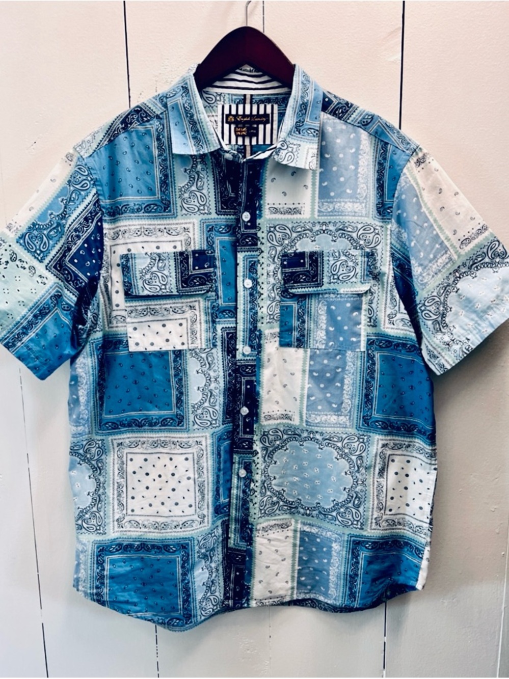 English Laundry Blue Patchwork Bandana Short-Sleeve Button Shirt Sz Large Cotton